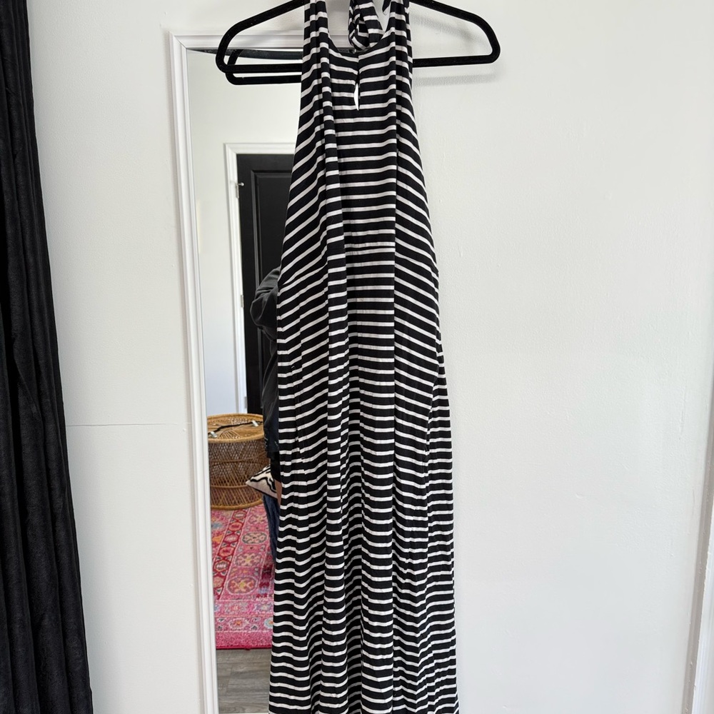 Black and White Striped Maxi Halter Dress